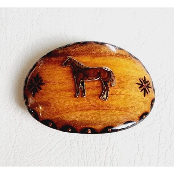 Handcrafted Other - Vintage Belt Buckle Wooden Horse Lacquered Wood Handmade Retro 80s